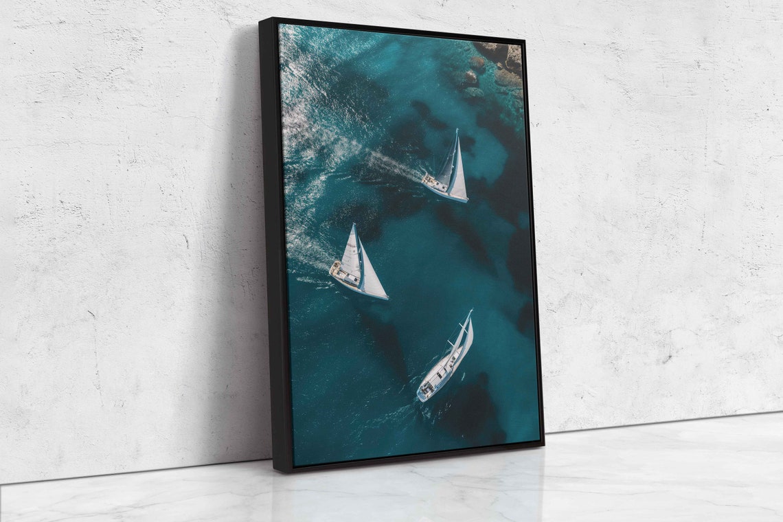 Aerial Overhead View Three Sailboats Sailing Turquoise Ocean Wall Art - Image 4