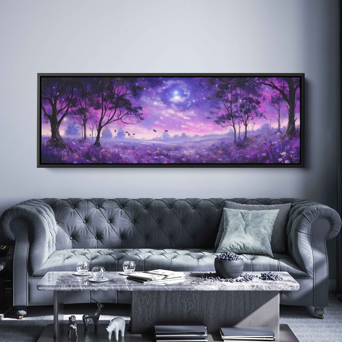 Lavender Field Starry Night Sky Misty Trees Panoramic Wall Art Poster