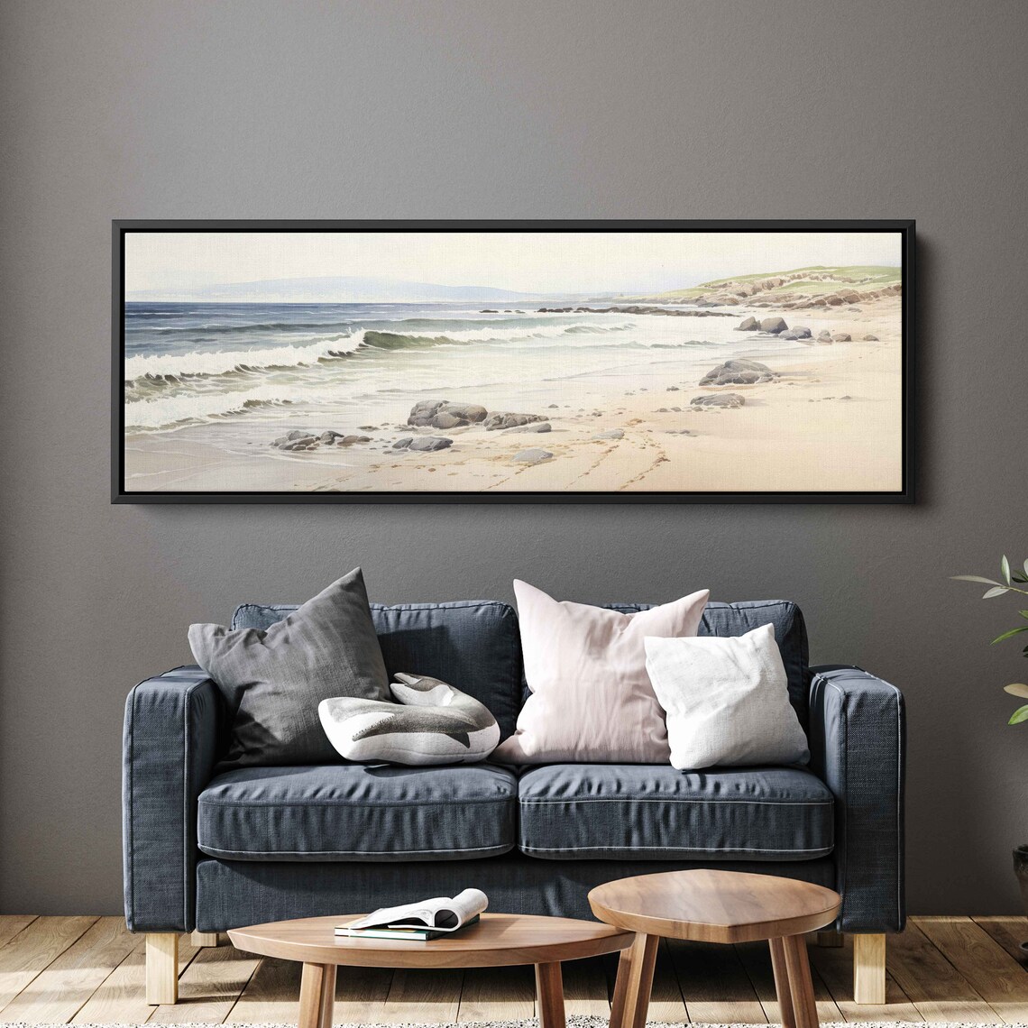 Serene Sandy Beach Watercolor With Soft Waves And Rocky Shores Poster - Image 3