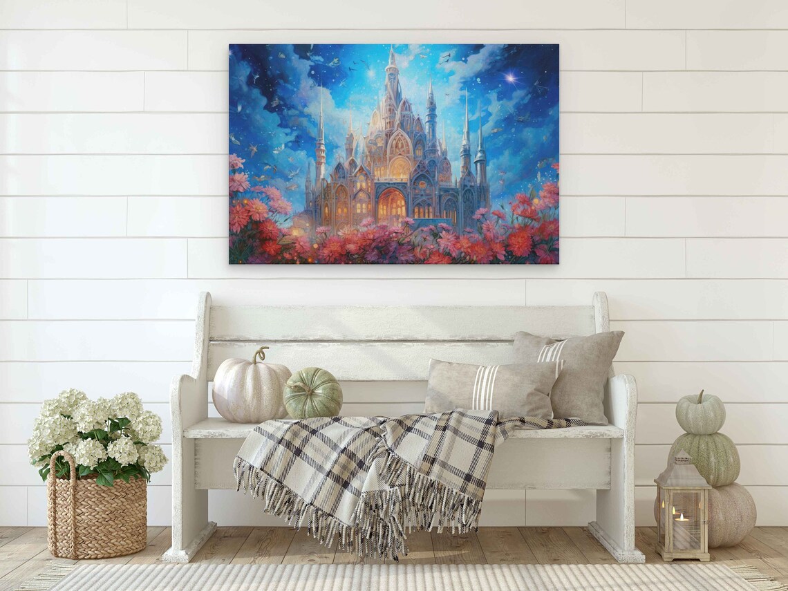 Fairy Tale Enchanted Castle With Flowers, Watercolor - Image 2