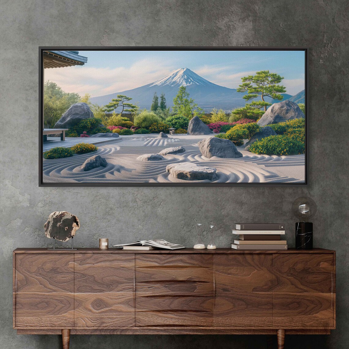 Mount Fuji Snow Peak Japanese Zen Rock Garden Raked Sand Vista Poster