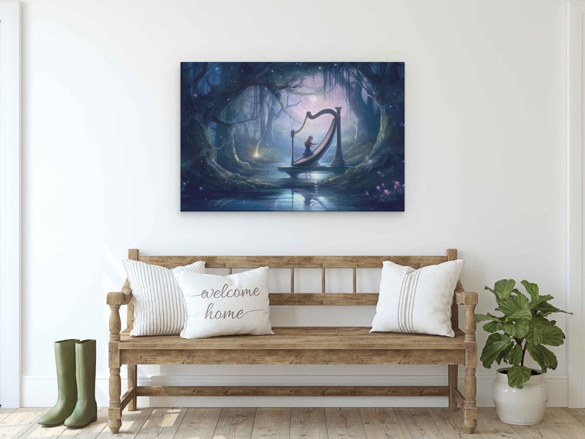 Fairy Playing Harp Moonlit Forest Mystical Water Fantasy Art Poster - Image 2