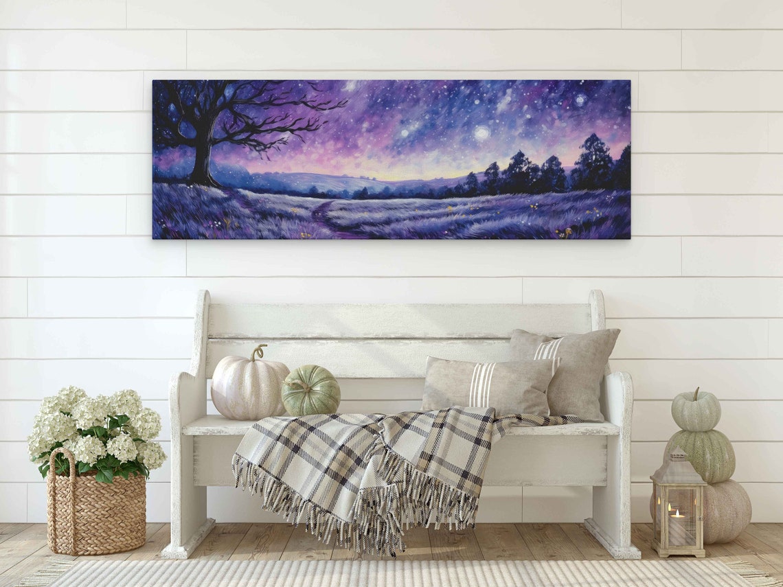 Starry Night Lavender Field Lone Tree Silhouette Panoramic Art Print - Image 2