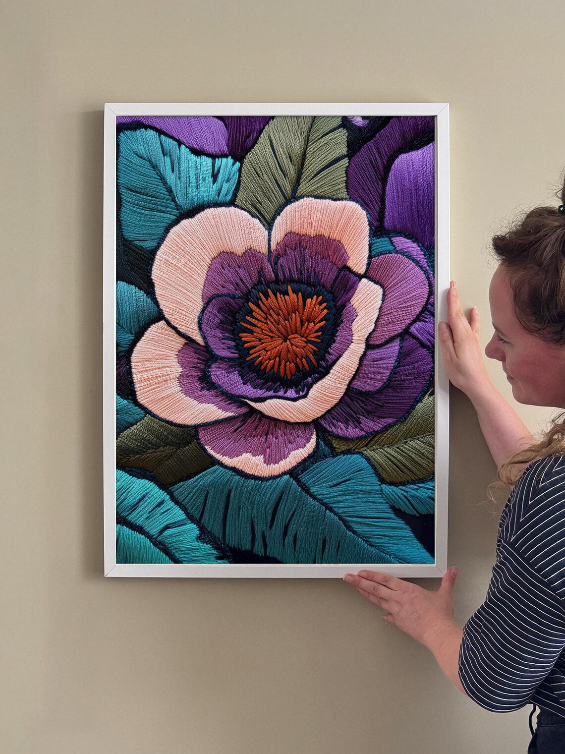 Folk Art Fall Embroidered Flower Wall Floral Autumn Home Decor Poster Colourful Textile Needlework Artwork