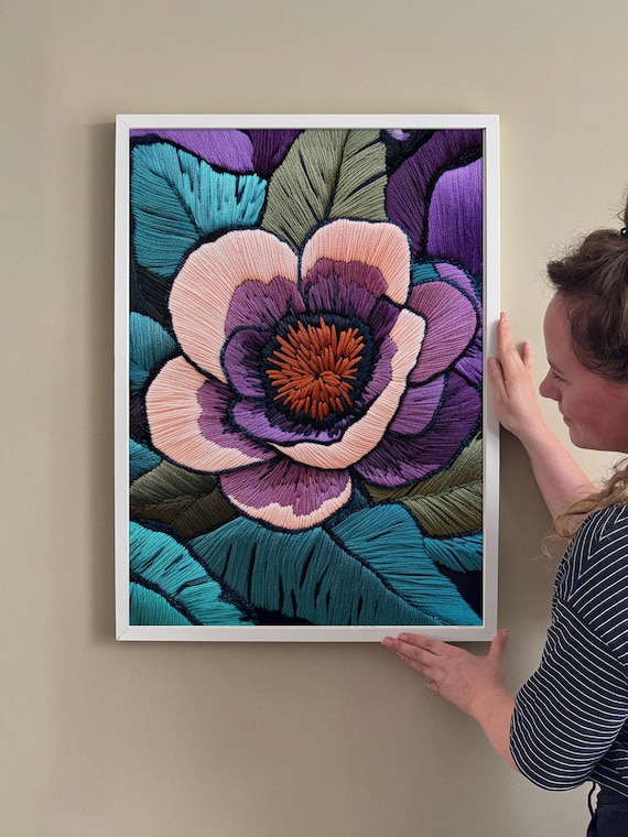 Embroidered Purple Flower Folk Art Thread Texture Floral Poster