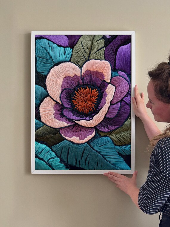 Folk Art Fall Embroidered Flower Wall Floral Autumn Home Decor Poster Colourful Textile Needlework Artwork