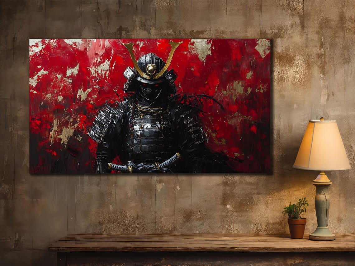 Samurai Warrior Black Armor Red Abstract Japanese Art Poster - Image 2