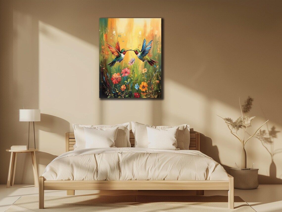Hummingbird Couple Kissing Over Wildflower Meadow Colorful Art Poster