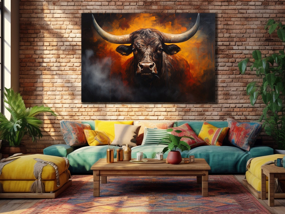 Longhorn Bull Smoky Orange Dramatic Animal Portrait Wall Art Print