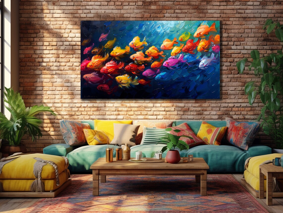 School of Colorful Tropical Fish Deep Blue Sea Oil Painting Poster - Image 2