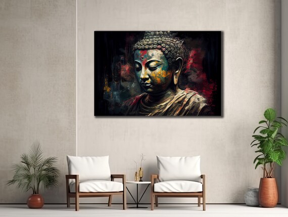 Buddha Statue Weathered Stone Colorful Paint Meditative Art Poster