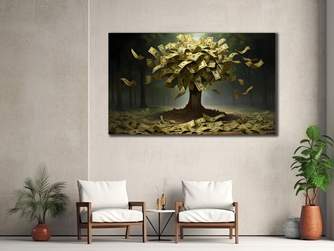 Money Tree Dollar Bills Dark Forest Prosperity Wealth Wall Art - Image 3