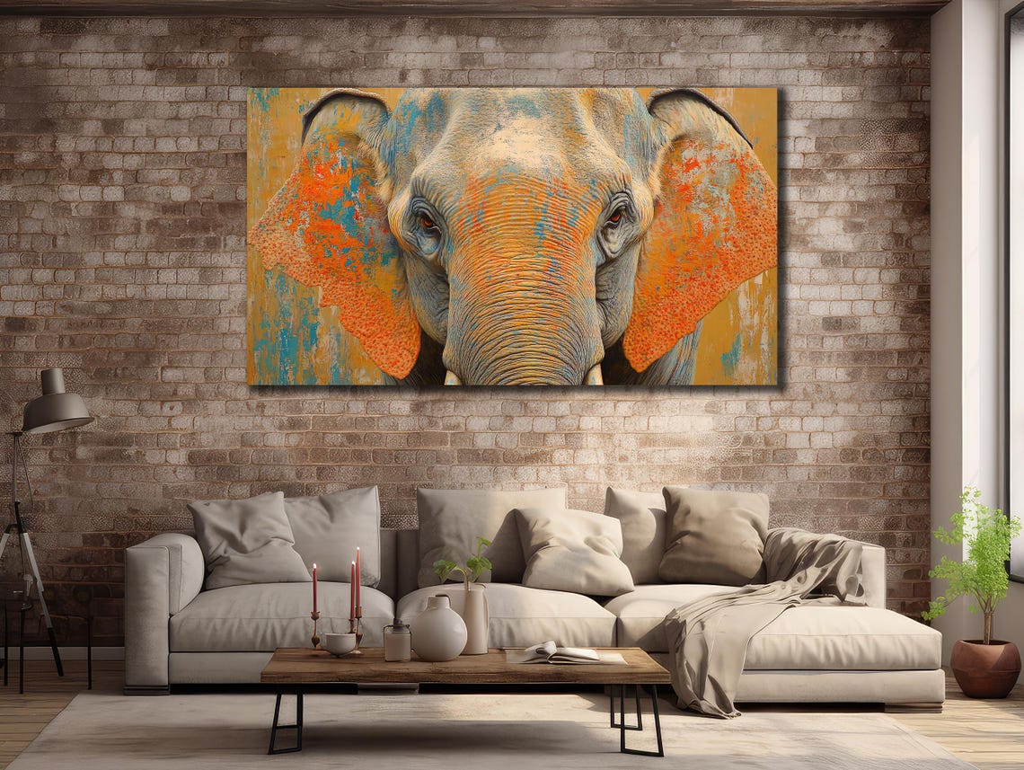 Elephant Face Orange Turquoise Paint Strokes Wildlife Art Poster - Image 2