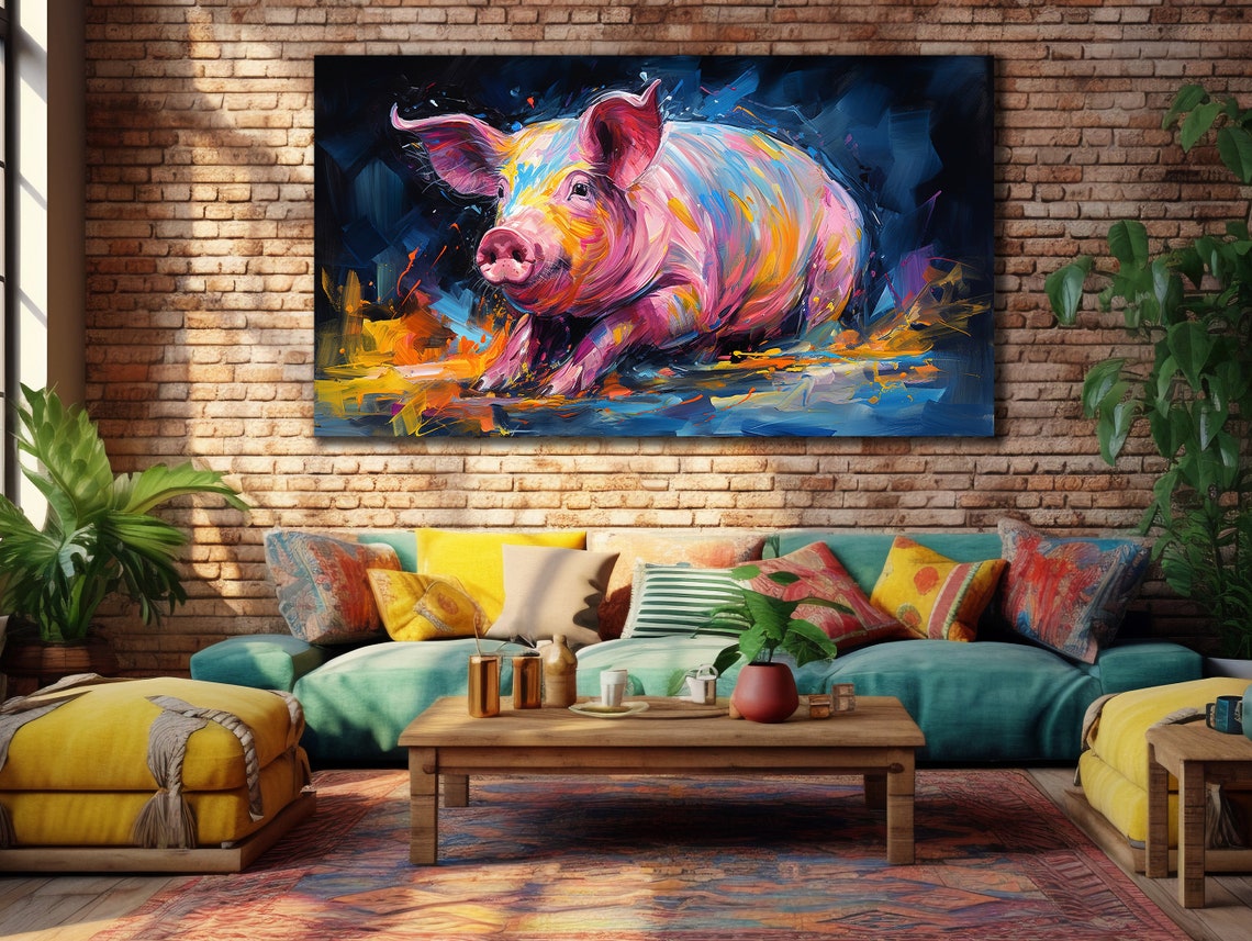 Colorful Pink Pig Bold Brushstroke Farm Animal Modern Wall Art Poster