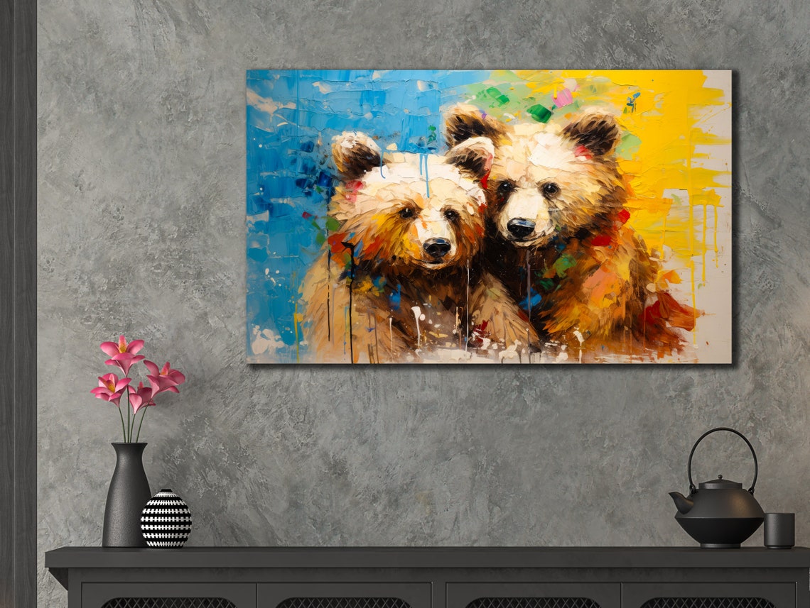 Two Cute Bear Cubs Painting on Bright Blue Yellow Background Poster - Image 3