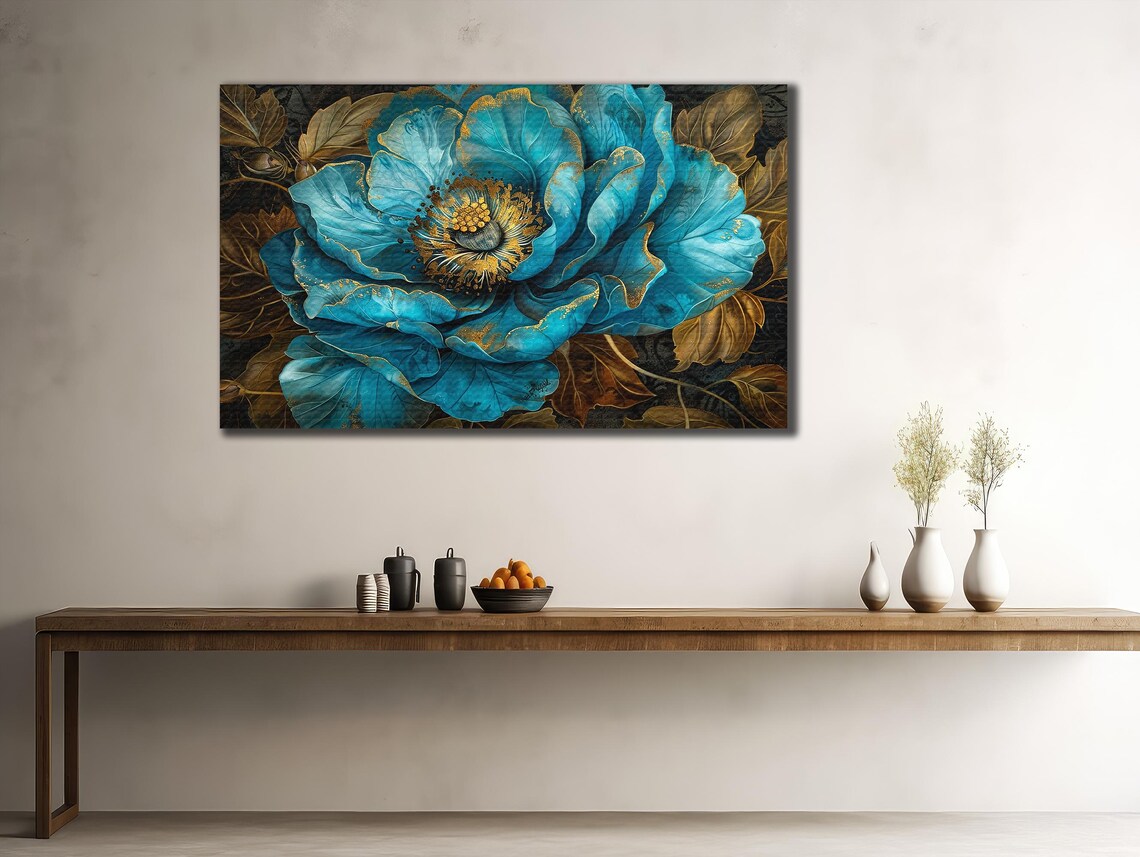 Blue Peony Flower Golden Detail Dark Botanical Floral Art Poster - Image 2
