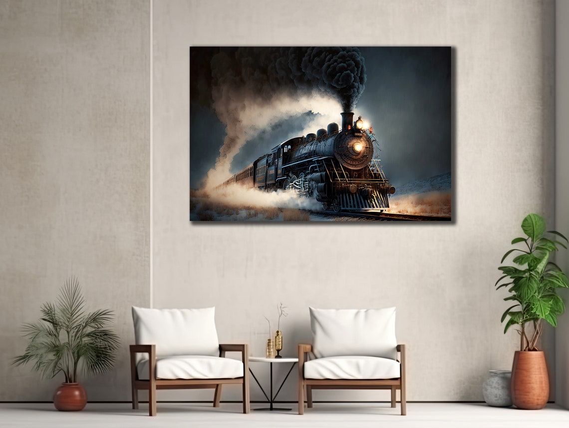 Vintage Steam Locomotive Night Smoke Retro Train Engine Poster