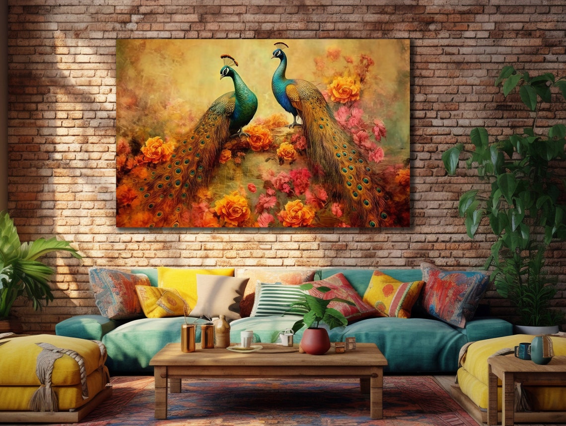 Two Peacocks Among Orange Roses Vintage Floral Garden Bird Poster - Image 3