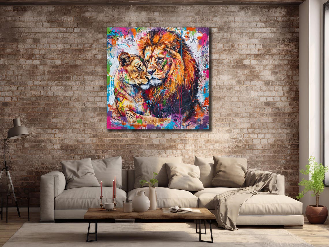 Lion And Lioness Print Graffiti Lion Family Painting Art Farmhouse Wall Decor Animals Wall Art Couple Lion Poster Colorful Lion - Image 2