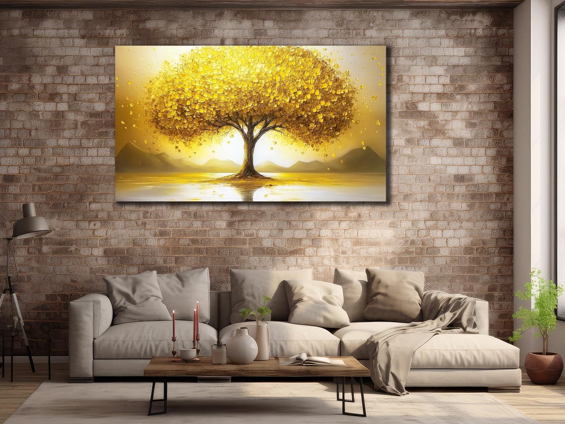 Golden Yellow Tree Sunset Lake Reflective Tranquil Nature Art Poster - Image 2
