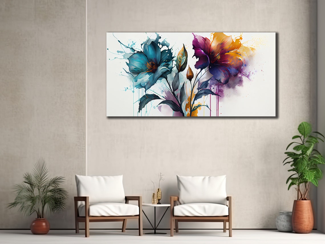 Abstract Teal Purple Flowers Watercolor Splash Floral Bloom Poster - Image 2