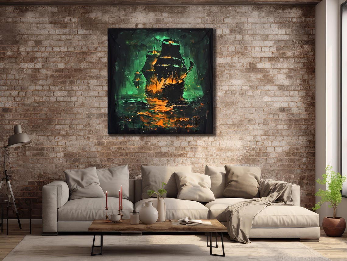 Ghost Ship Sailing Stormy Green Night Sea Glowing Orange Pirate Poster - Image 2