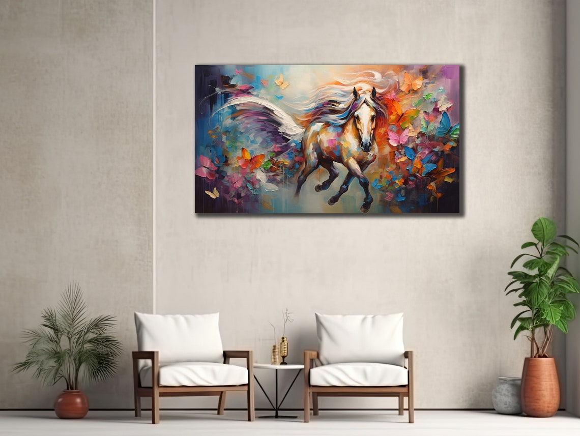 Galloping Horse Surrounded by Colorful Butterflies Art Wall Poster