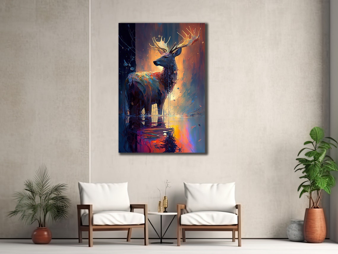 Majestic Stag Antlers Sunset Water Reflection Wildlife Art Poster