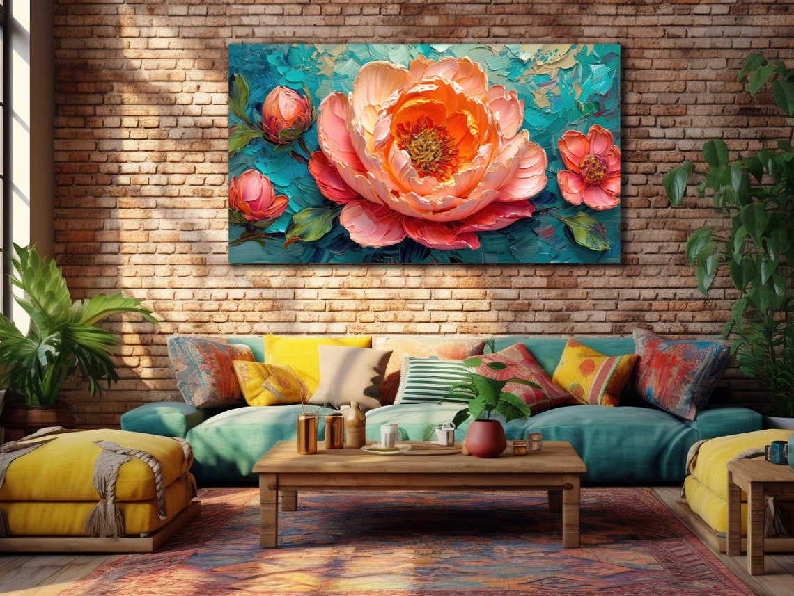 Pink Peony Blossom Impasto Painting On Teal Background Floral Poster