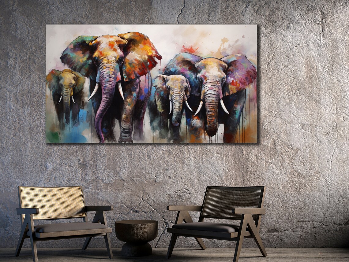 Elephant Herd Watercolor Colorful Wildlife Painting Family Wall Art Poster - Image 3
