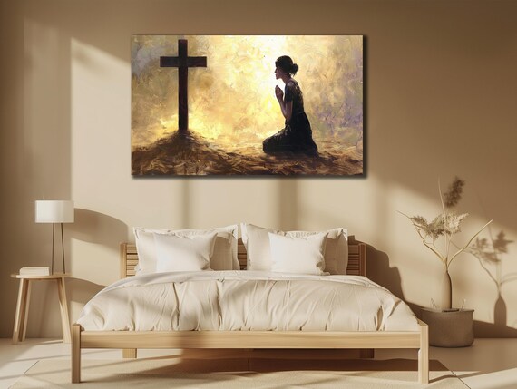 Christian Woman Praying Before Cross Golden Heavenly Light Faith Poster