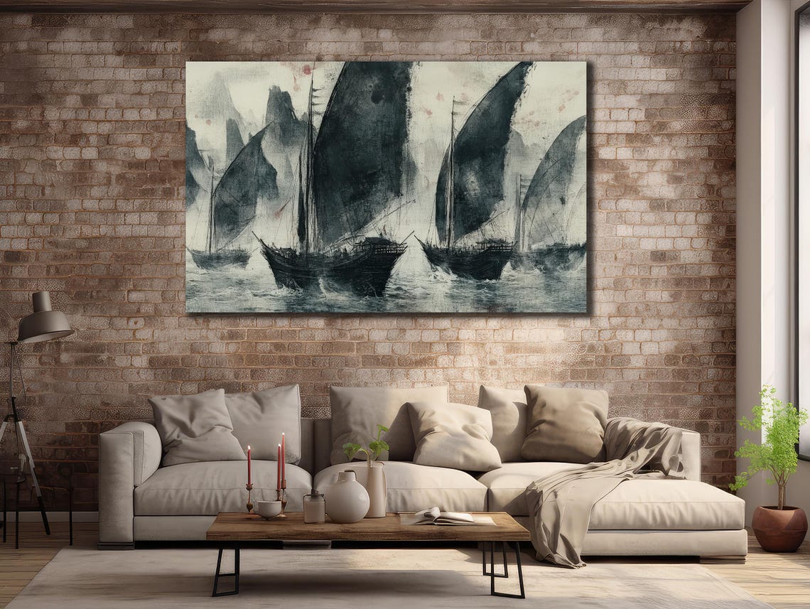 Black Sail Ships Misty Sea Ink Wash Vintage Asian Nautical Wall Poster