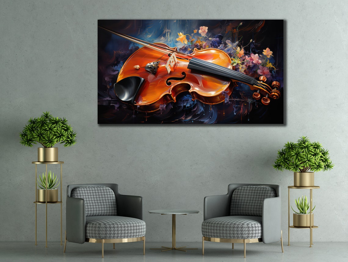 Violin With Blooming Flowers Dark Blue Classical Music Art Poster - Image 2