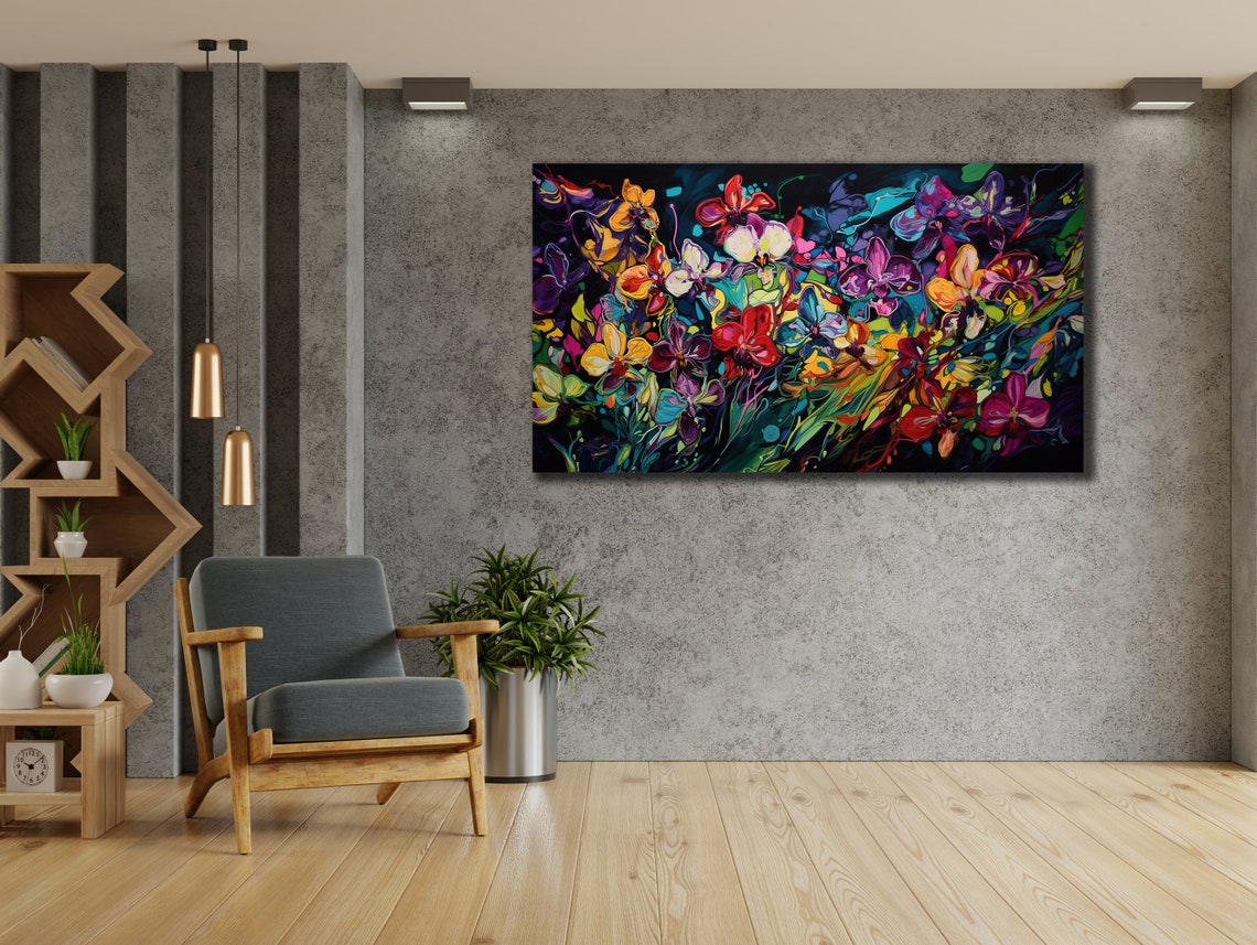 Wild Colorful Orchid Flowers Black Background Abstract Floral Poster