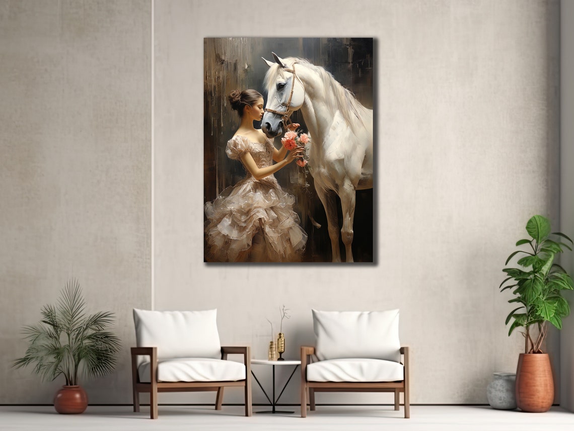 White Horses Painting On Running Horse Wall Art Balllerina Girl Wall Decor Animal Poster Ready To Hang Decor Horse Printing Art - Image 3