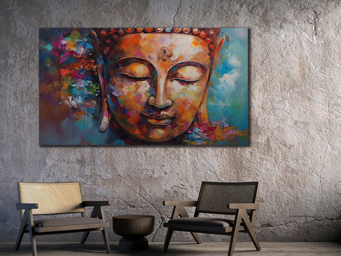 Buddha Face Colorful Abstract Oil Painting Serene Spiritual Poster