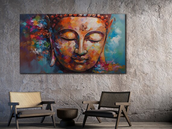 Buddha Face Colorful Abstract Oil Painting Serene Spiritual Poster