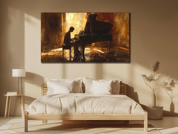 Pianist at Grand Piano Golden Light Oil Painting Music Lover Art Poster
