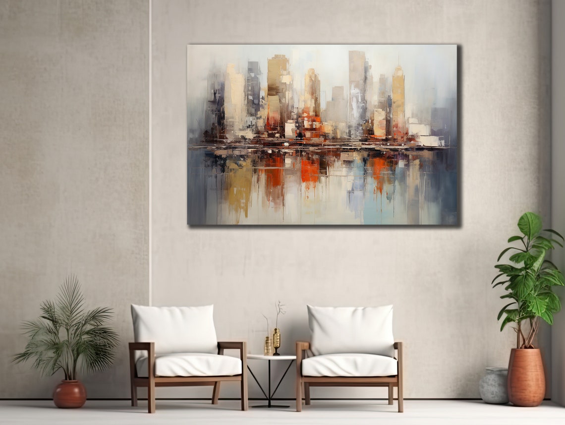Abstract Waterfront Skyline Warm Beige Reflection Modern City Poster