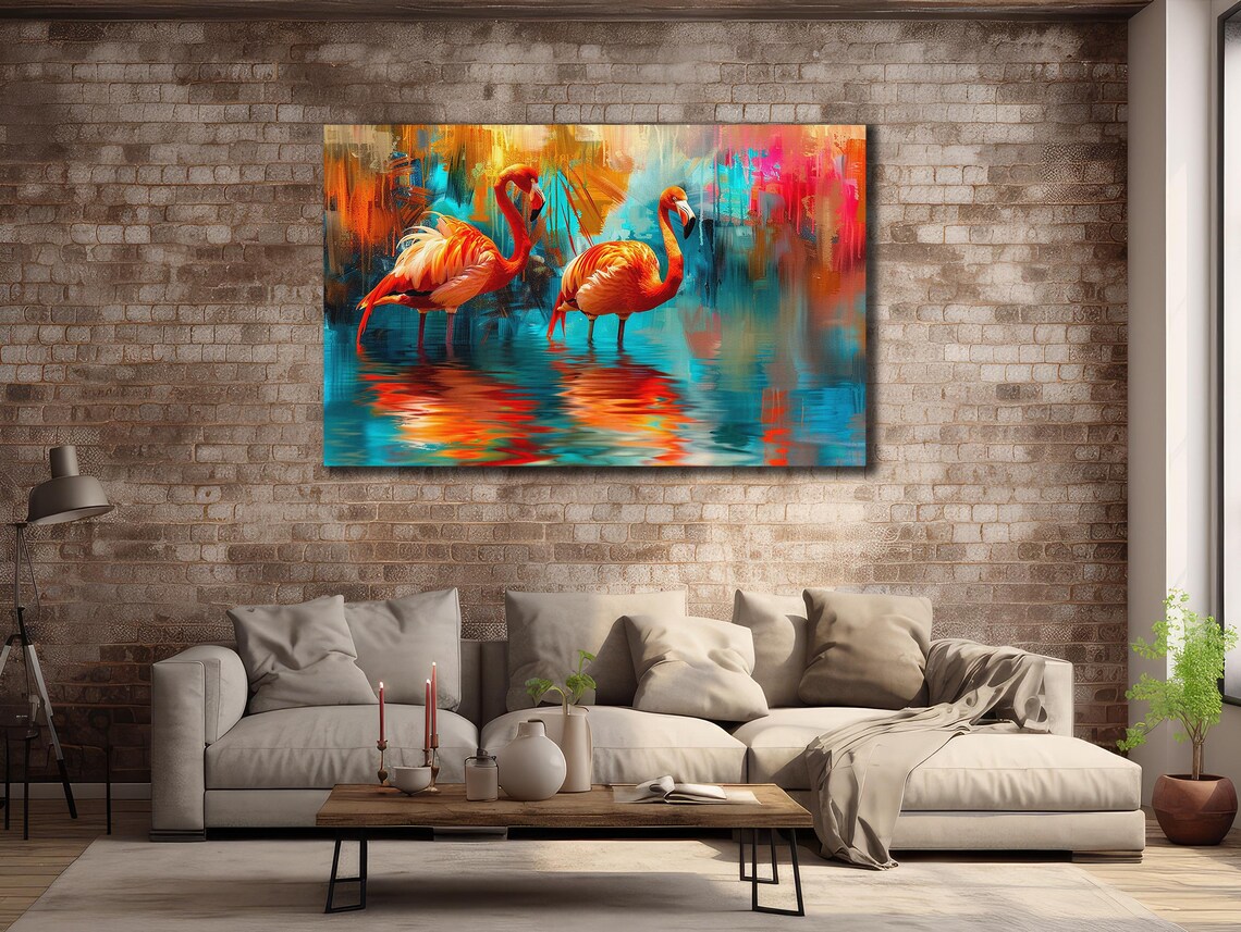 Two Flamingos Colorful Lagoon Orange Pink Reflections Art Print - Image 2