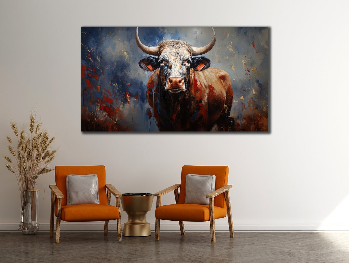 Abstract Horned Cow Portrait Bold Red Blue Farmhouse Style Poster - Image 3