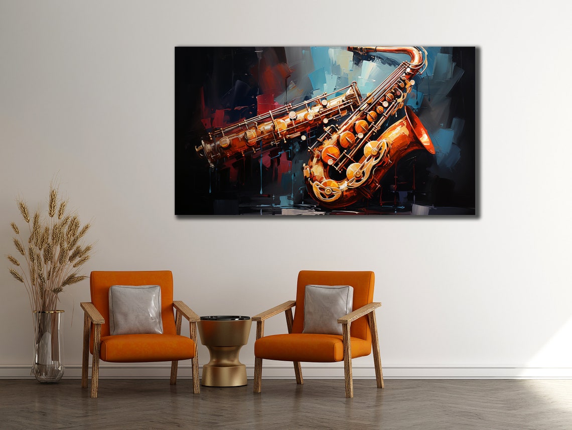 Golden Saxophone Dark Blue Abstract Jazz Instrument Glow Poster - Image 2