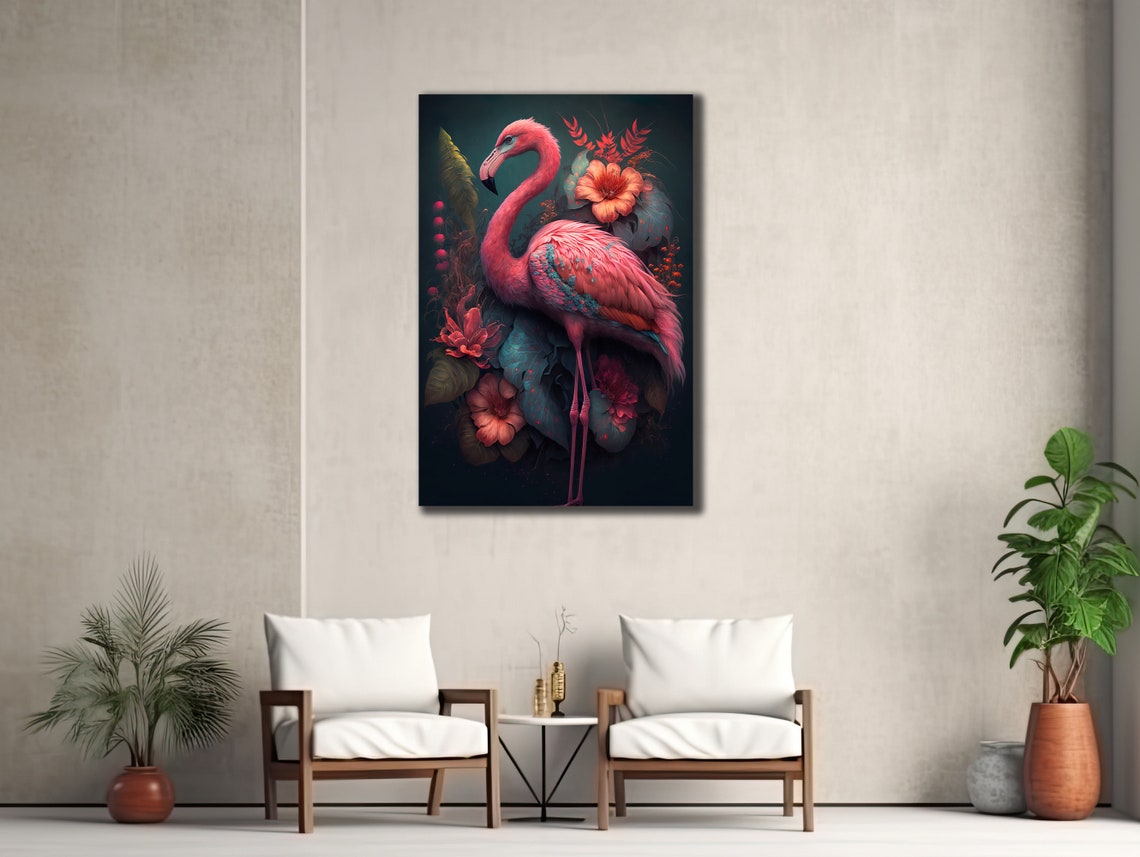 Pink Flamingo Tropical Flowers Dark Background Wildlife Art Poster
