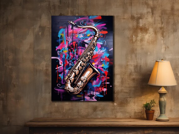 Neon Pop Art Saxophone on Graffiti Splash Jazz Music Instrument Poster