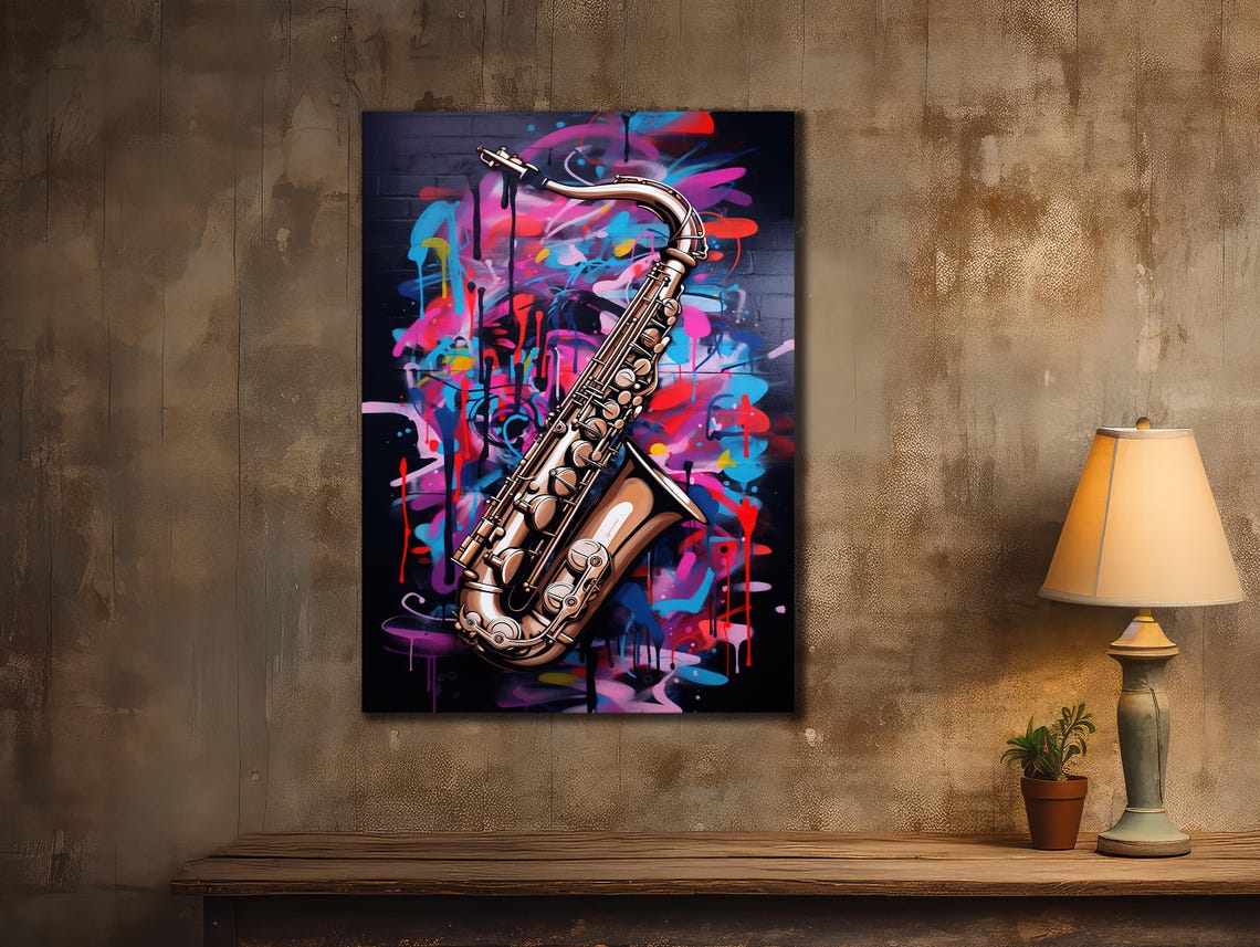 Neon Pop Art Saxophone on Graffiti Splash Jazz Music Instrument Poster