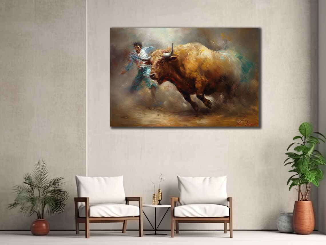 Charging Bull Bullfight Matador Dusty Arena Oil Painting Animal Print