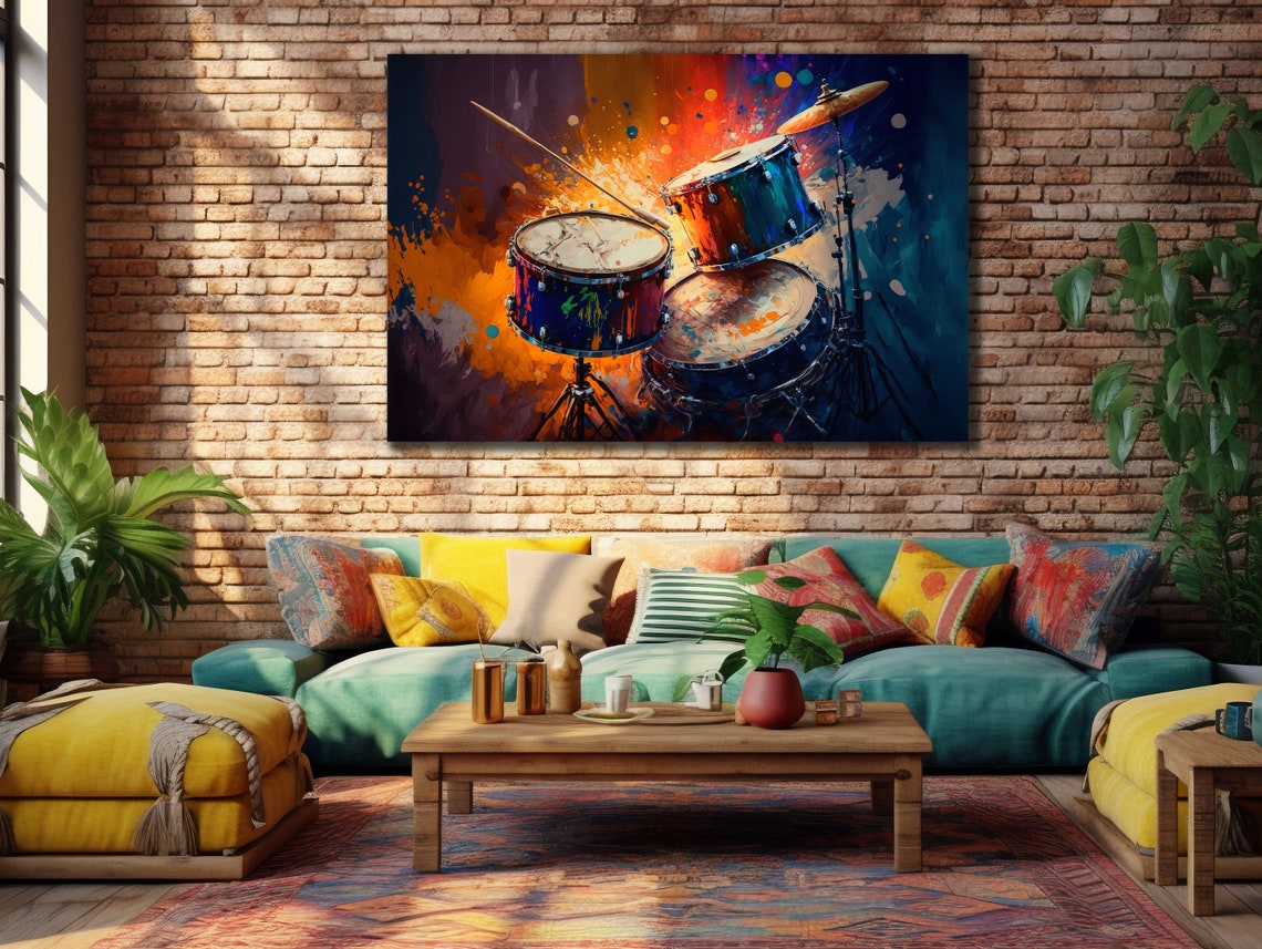 Watercolor Drum Set Vibrant Orange Splash Music Wall Art Poster - Image 3