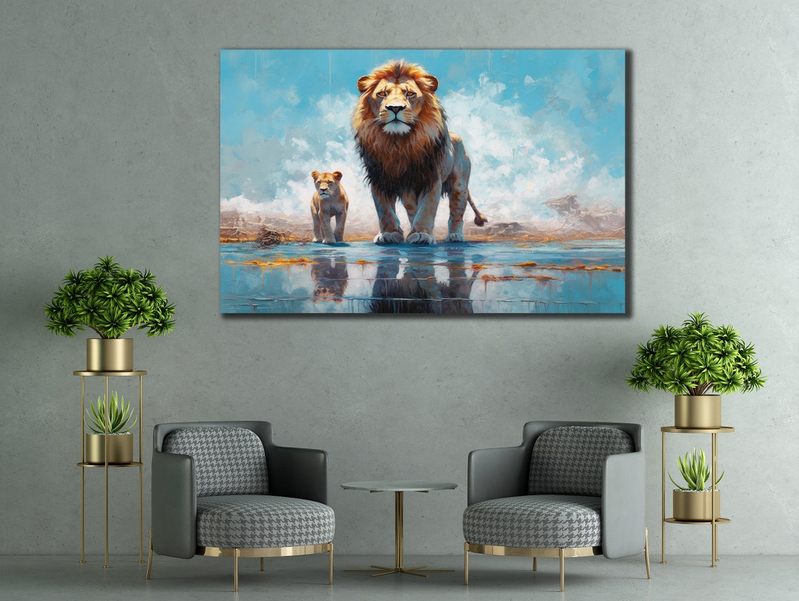 Lion and Lioness Water Reflection Blue Savannah Wall Art Print - Image 2