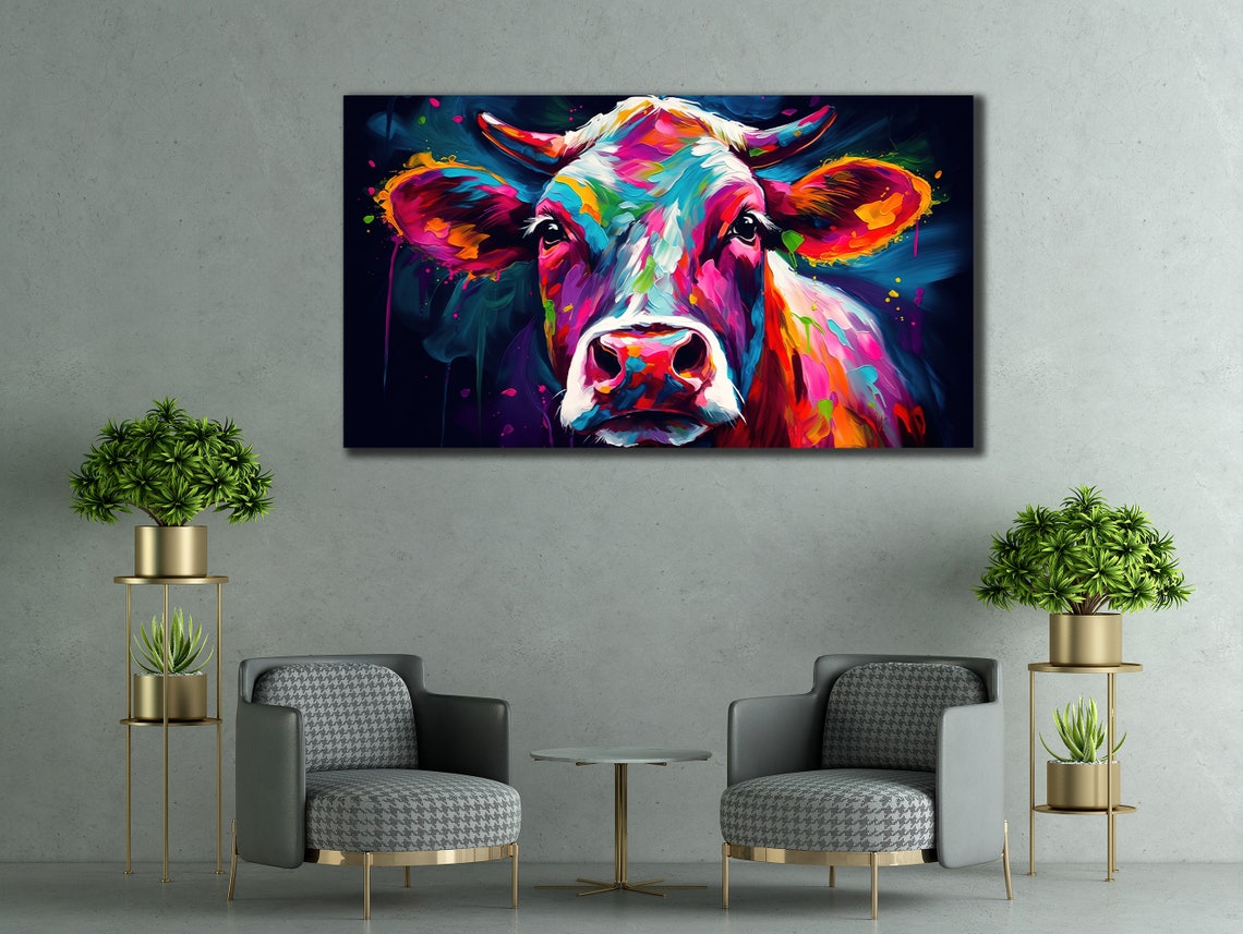 Neon Rainbow Cow Portrait Colorful Pop Art Animal Wall Art Print - Image 2