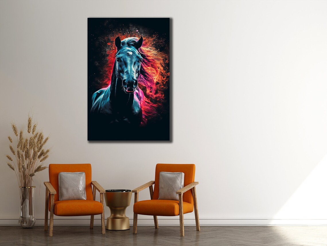 Black Horse Colorful Fiery Mane Neon Style Animal Wall Art Poster - Image 2